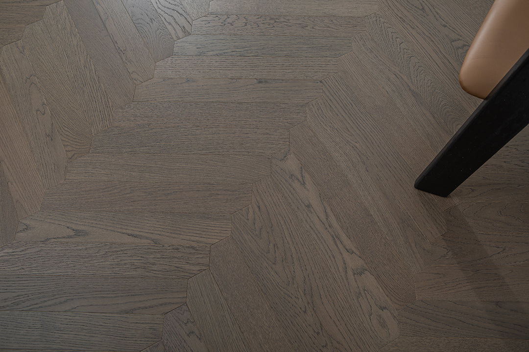 YXPX650 Mocha Smoked Oak Wide Herringbone Refined Modern Ribbed Parquet Flooring | Ribbon Series
