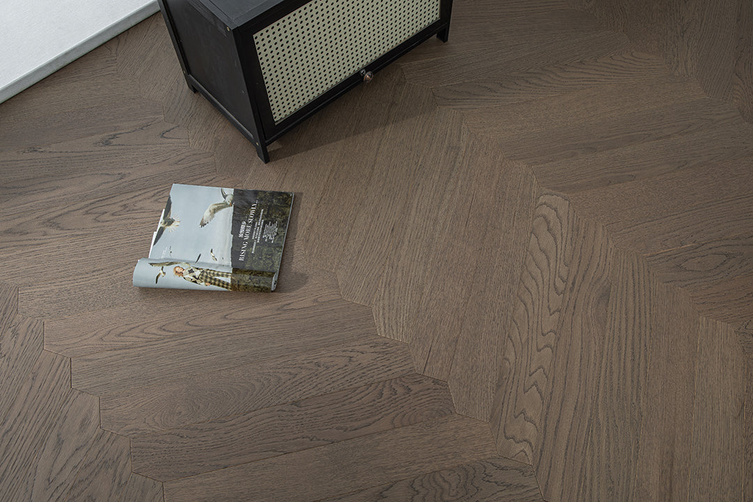 YXPX650 Mocha Smoked Oak Wide Herringbone Refined Modern Ribbed Parquet Flooring | Ribbon Series