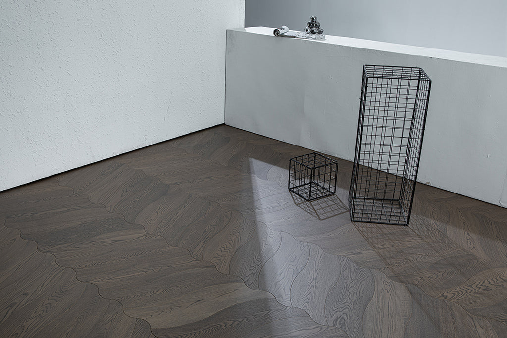 YXPX657  Charcoal Grey Oak Undulating Ripple Premium Parquet Flooring | Wave Series