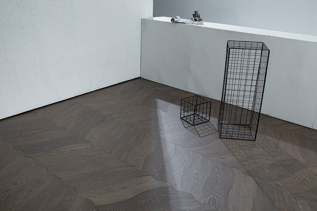 YXPX657  Charcoal Grey Oak Undulating Ripple Premium Parquet Flooring | Wave Series