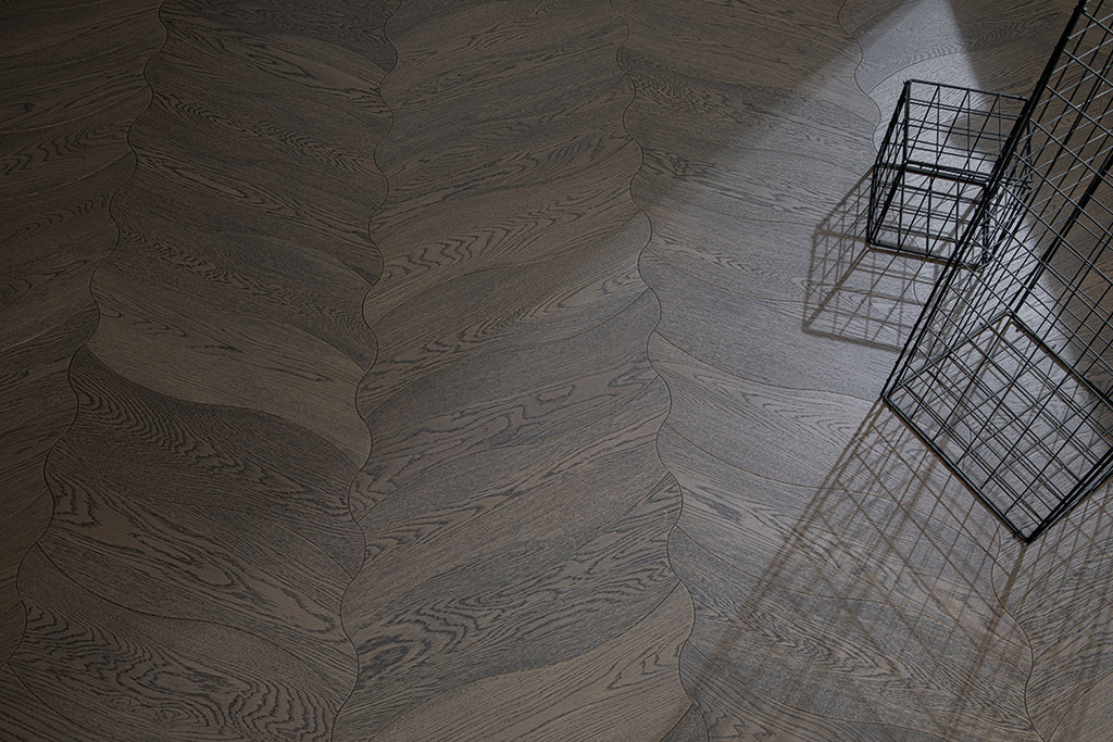 YXPX657  Charcoal Grey Oak Undulating Ripple Premium Parquet Flooring | Wave Series