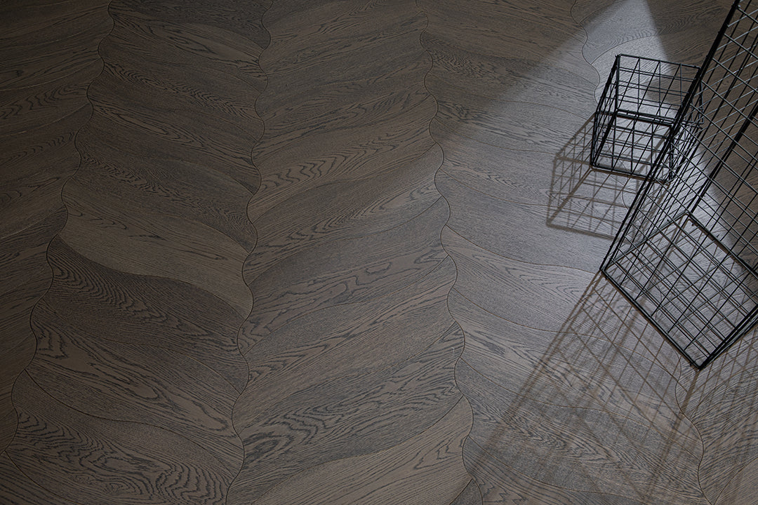 YXPX657  Charcoal Grey Oak Undulating Ripple Premium Parquet Flooring | Wave Series