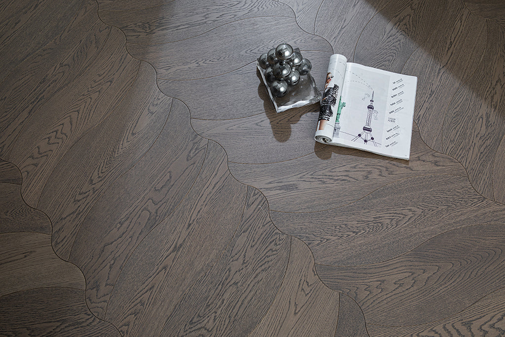 YXPX657  Charcoal Grey Oak Undulating Ripple Premium Parquet Flooring | Wave Series
