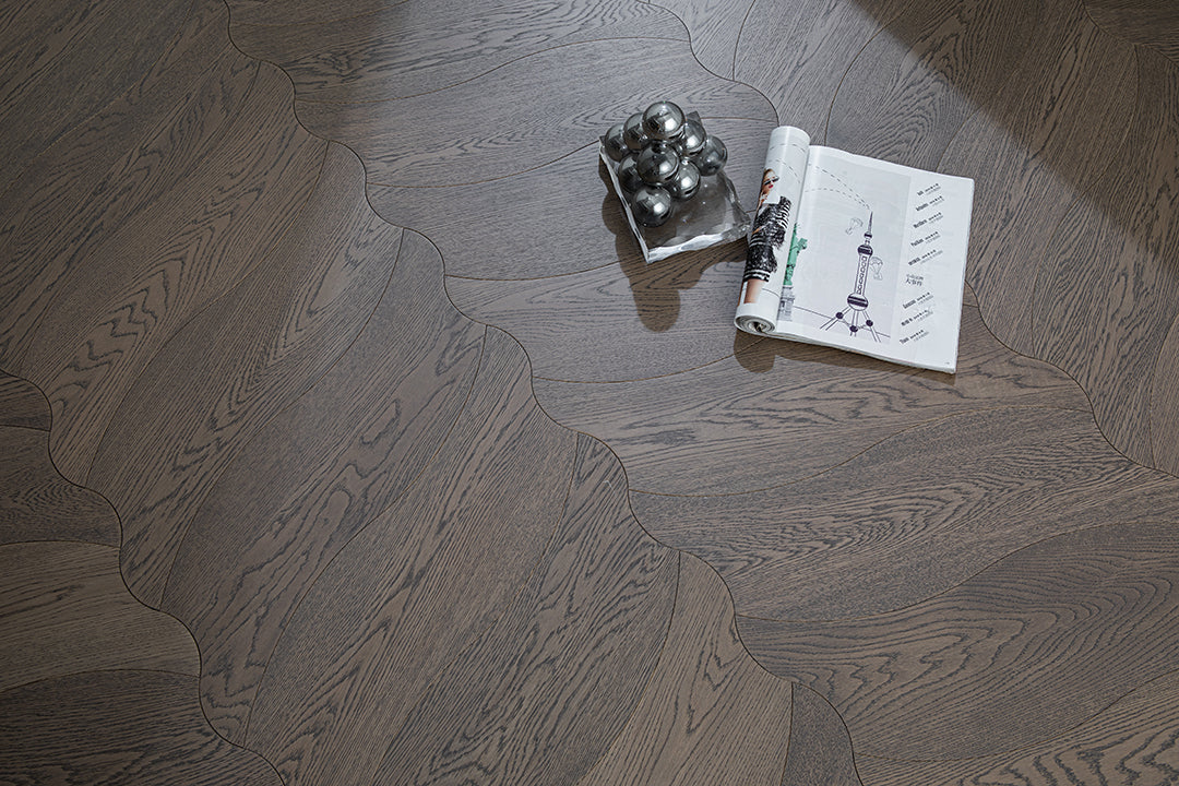 YXPX657  Charcoal Grey Oak Undulating Ripple Premium Parquet Flooring | Wave Series