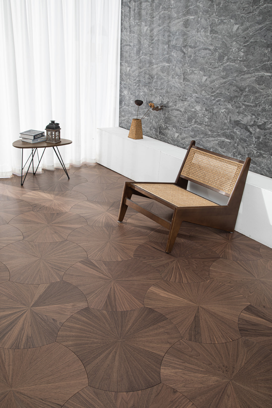 YXPH103 Black Walnut Radial Sunburst Parquet Flooring | Lotus Leaf Series