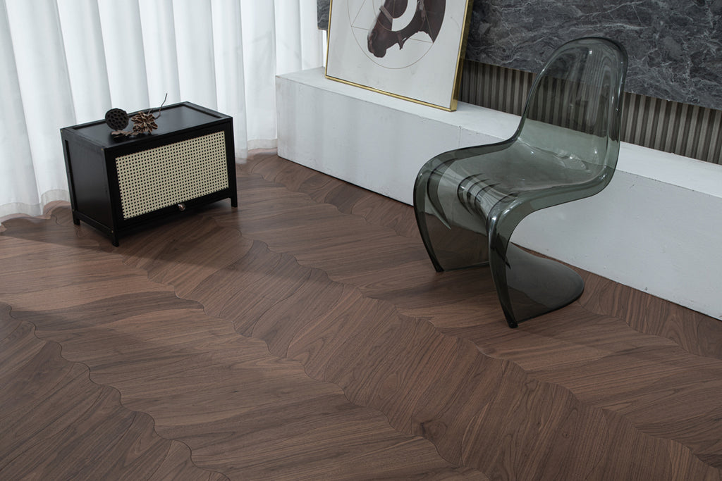 YXPH107 Black Walnut Flowing Ripple Parquet Flooring | Wave Series