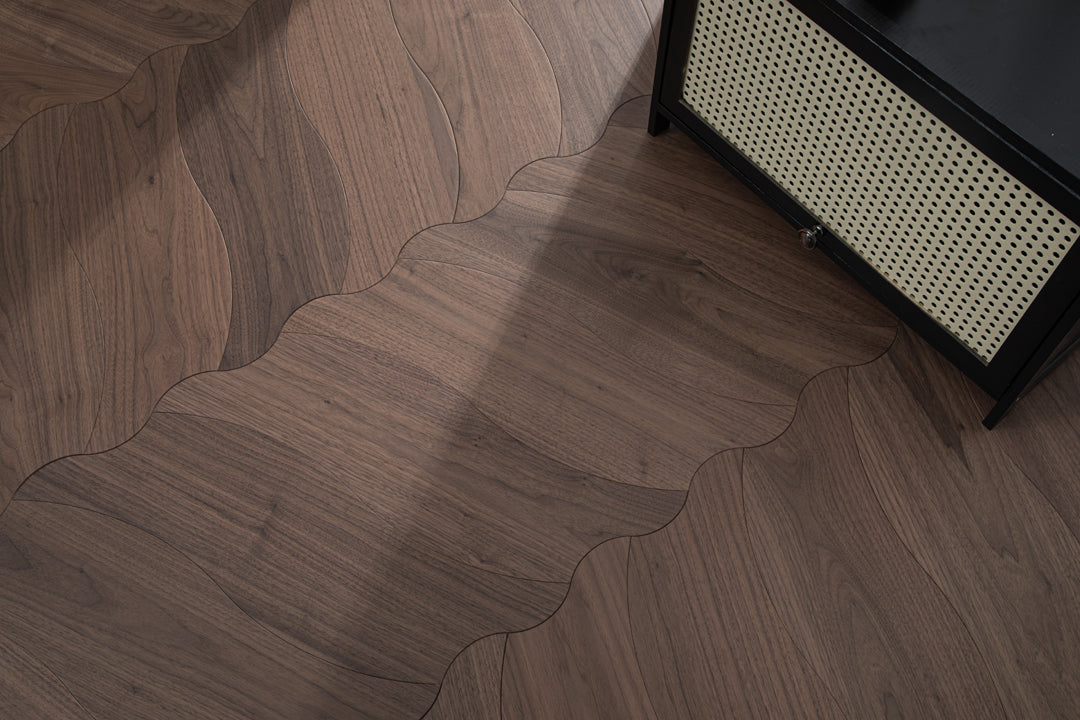 YXPH107 Black Walnut Flowing Ripple Parquet Flooring | Wave Series