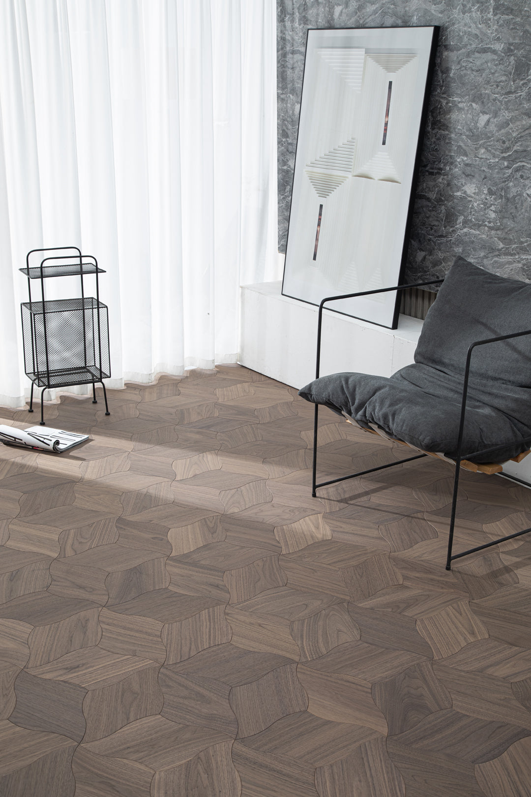 YXPH108 Black Walnut Curved Petal Floral Marquetry Parquet Flooring | Lily Series