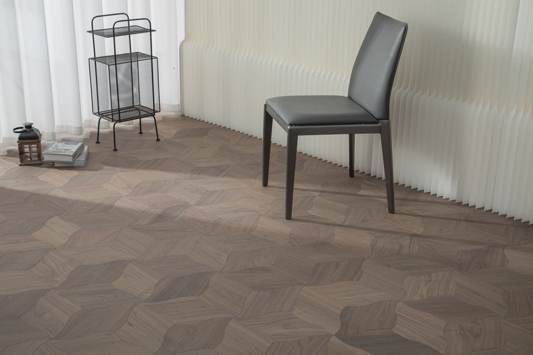 YXPH109 Black Walnut Curved Petal Floral Marquetry Parquet Flooring | Lily Series