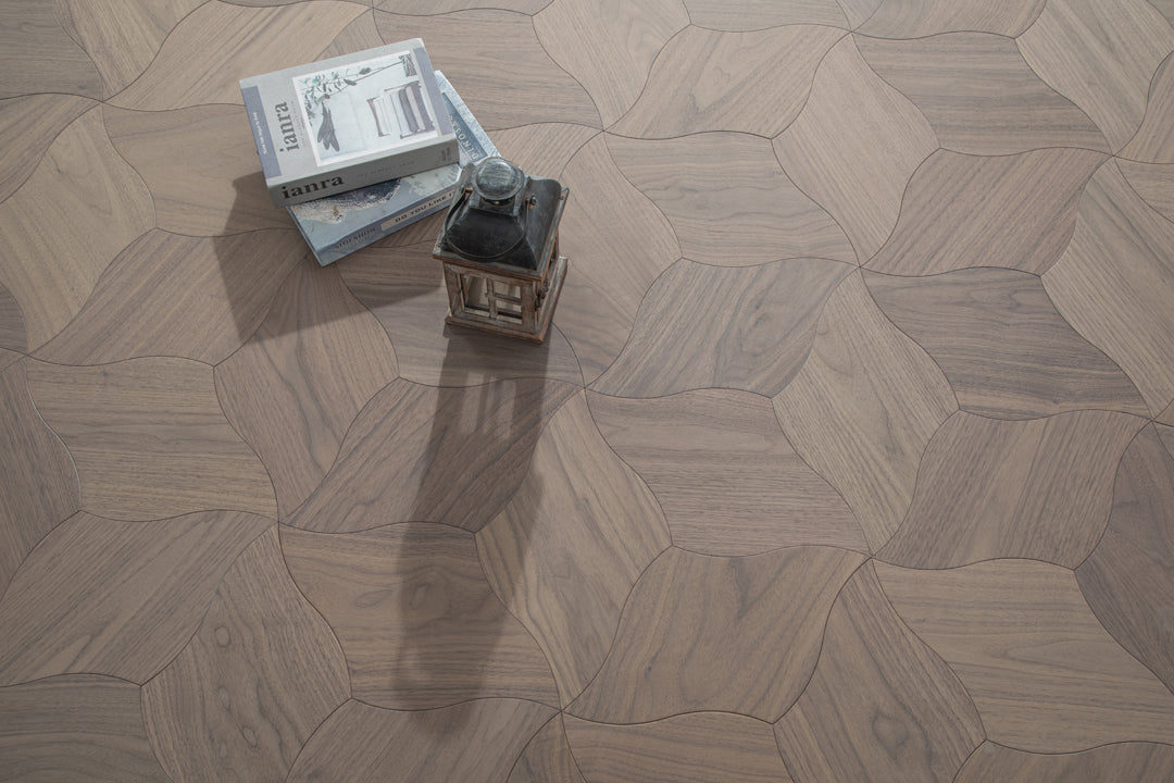 YXPH109 Black Walnut Curved Petal Floral Marquetry Parquet Flooring | Lily Series