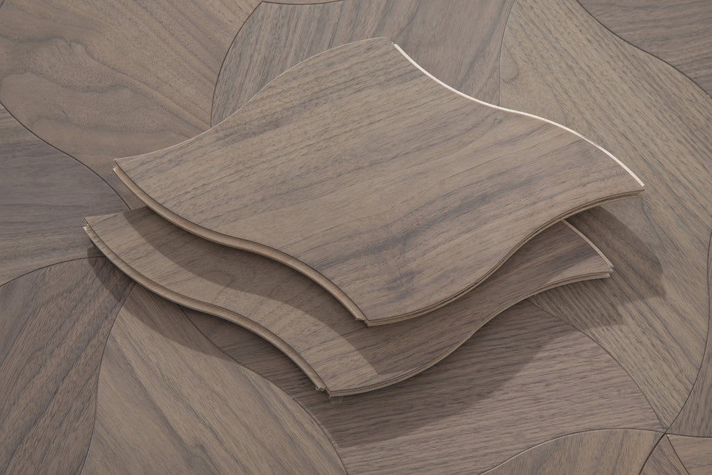 YXPH109 Black Walnut Curved Petal Floral Marquetry Parquet Flooring | Lily Series