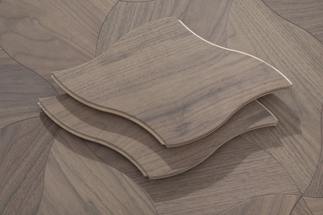 YXPH109 Black Walnut Curved Petal Floral Marquetry Parquet Flooring | Lily Series