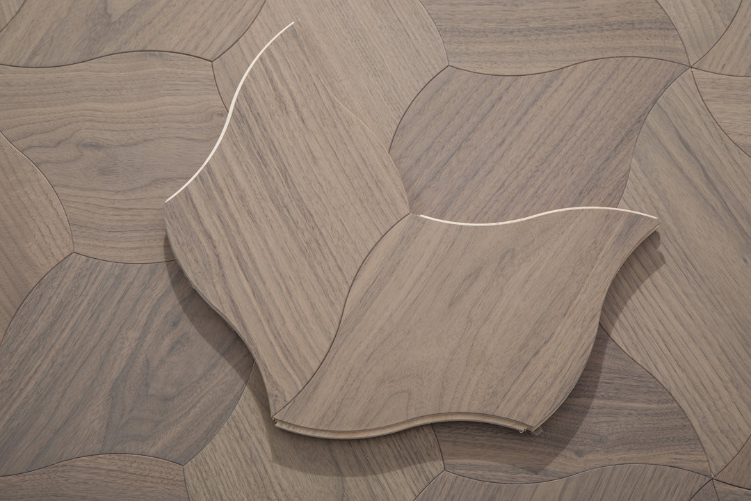 YXPH109 Black Walnut Curved Petal Floral Marquetry Parquet Flooring | Lily Series