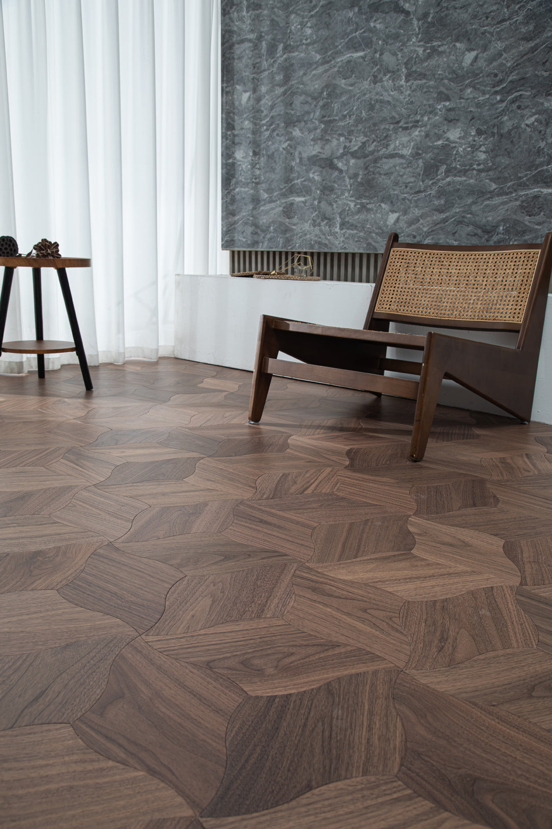 YXPH110 Black Walnut Curved Petal Floral Marquetry Parquet Flooring | Lily Series