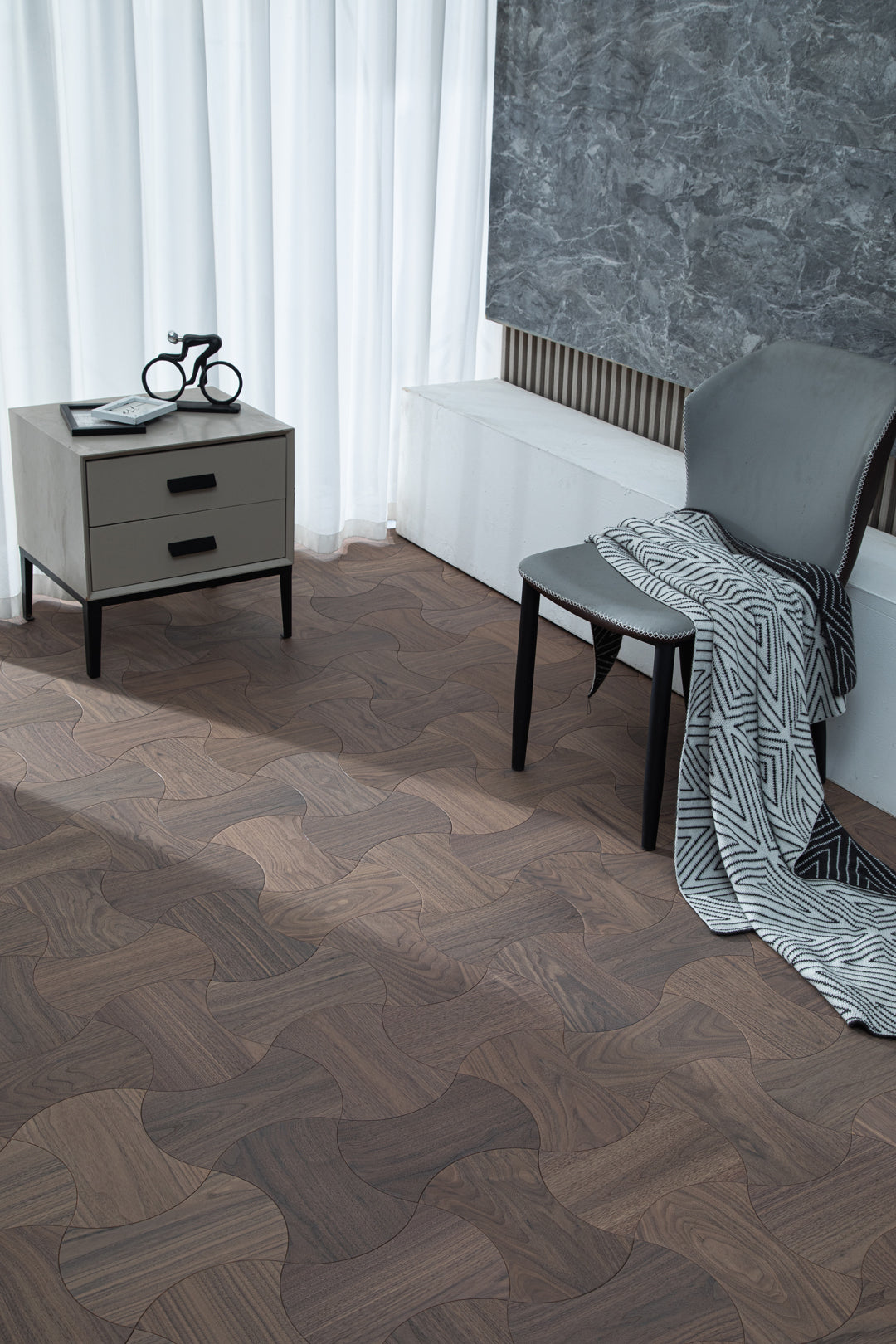 YXPH111 Black Walnut Cinched Curved Modular Parquet Flooring | Wasp Waist Series