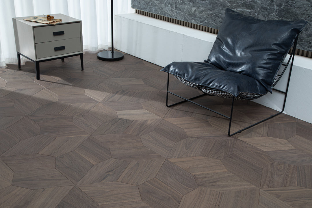 YXPH117 Black Walnut Asymmetric Polygon Parquet Flooring | Fragmented Jade Series