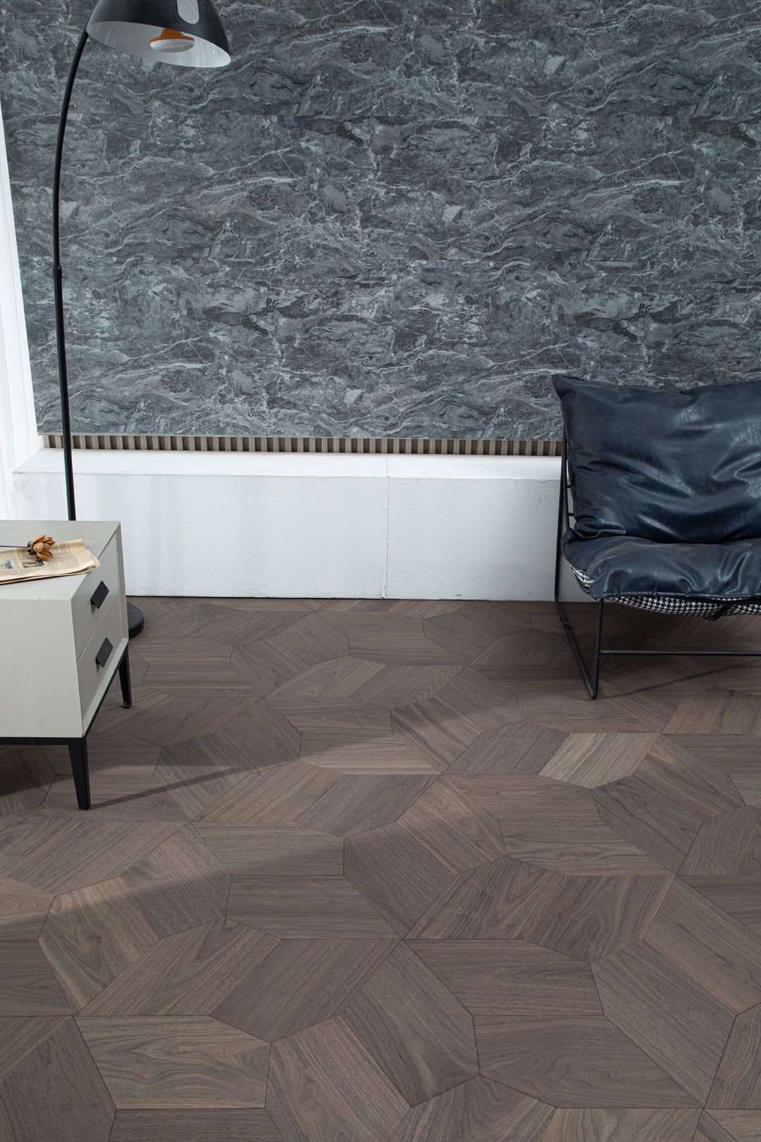 YXPH117 Black Walnut Asymmetric Polygon Parquet Flooring | Fragmented Jade Series