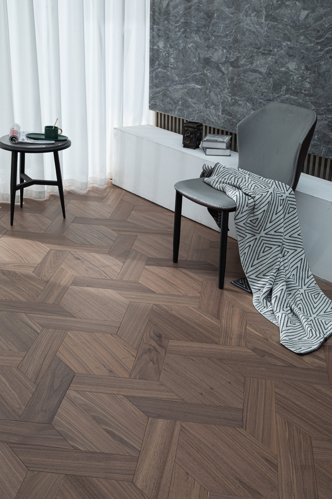 YXPH120 Black Walnut Knot-Weave Pattern Parquet Flooring | Chinese Knot Series