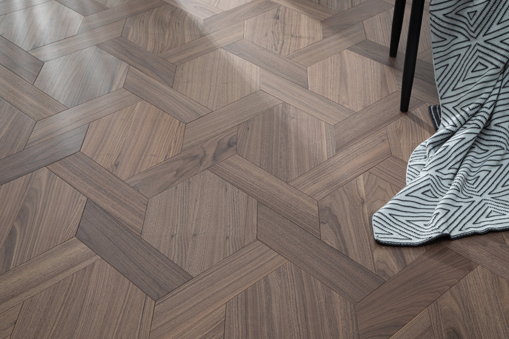 YXPH120 Black Walnut Knot-Weave Pattern Parquet Flooring | Chinese Knot Series