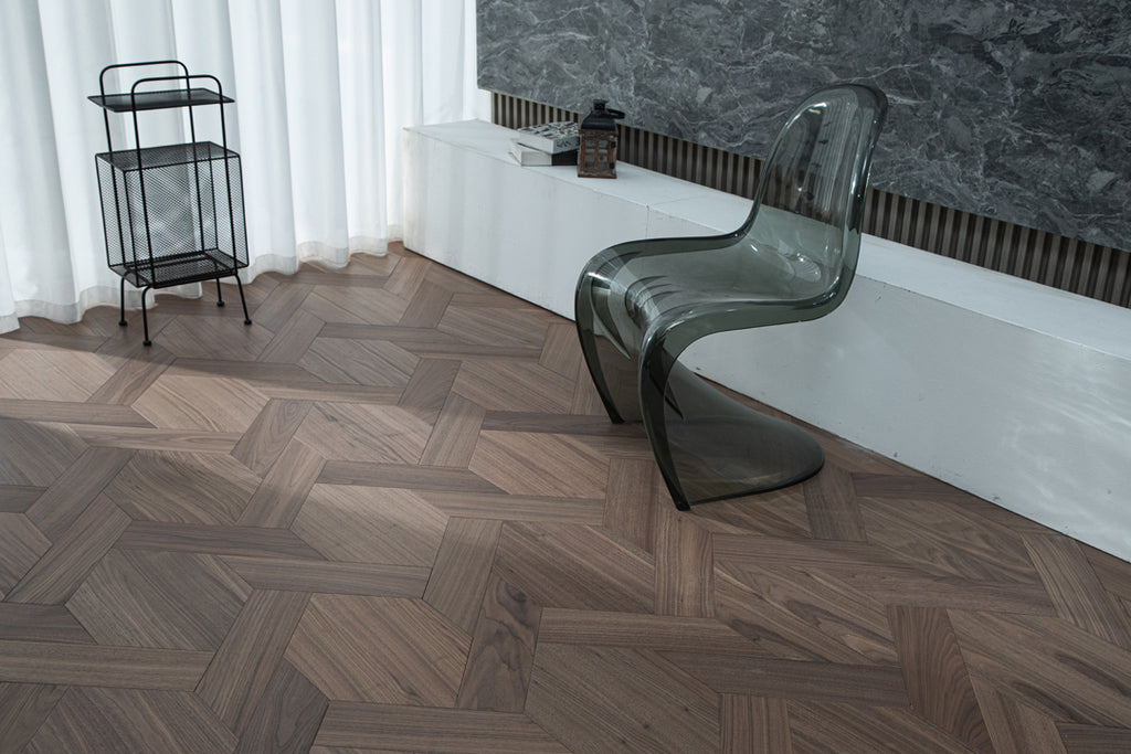 YXPH121 Black Walnut Knot-Weave Pattern Parquet Flooring | Chinese Knot Series