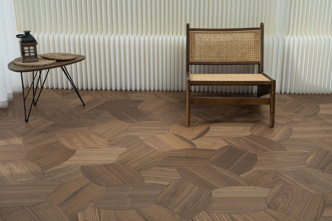 YXPH128 Black Walnut Petal-Shaped Modular Parquet Flooring | Lotus Flower Series