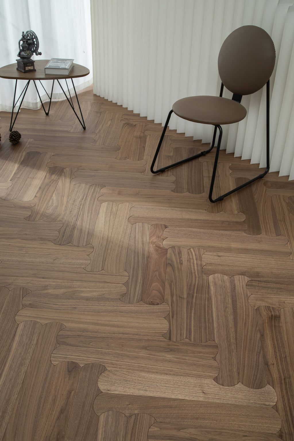 YXPH129 Black Walnut Curved Edge Herringbone Flooring | Scalloped Herringbone Series