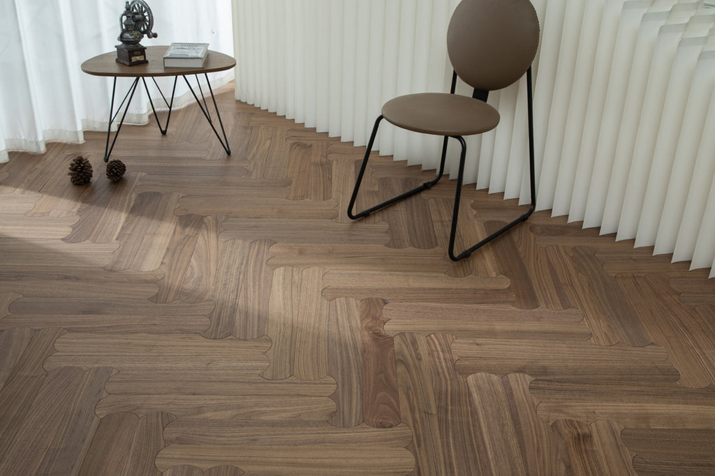 YXPH129 Black Walnut Curved Edge Herringbone Flooring | Scalloped Herringbone Series