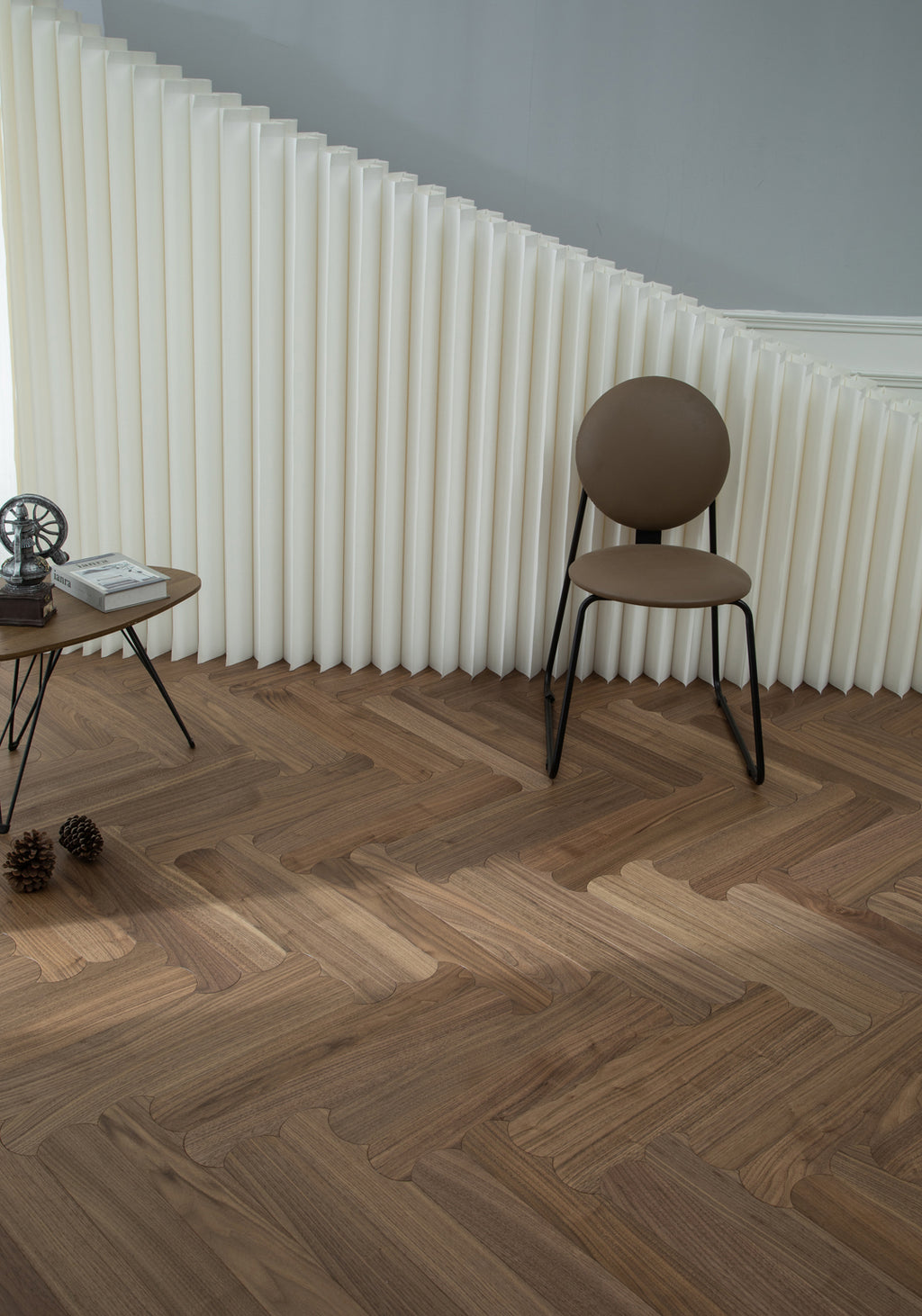 YXPH129 Black Walnut Curved Edge Herringbone Flooring | Scalloped Herringbone Series