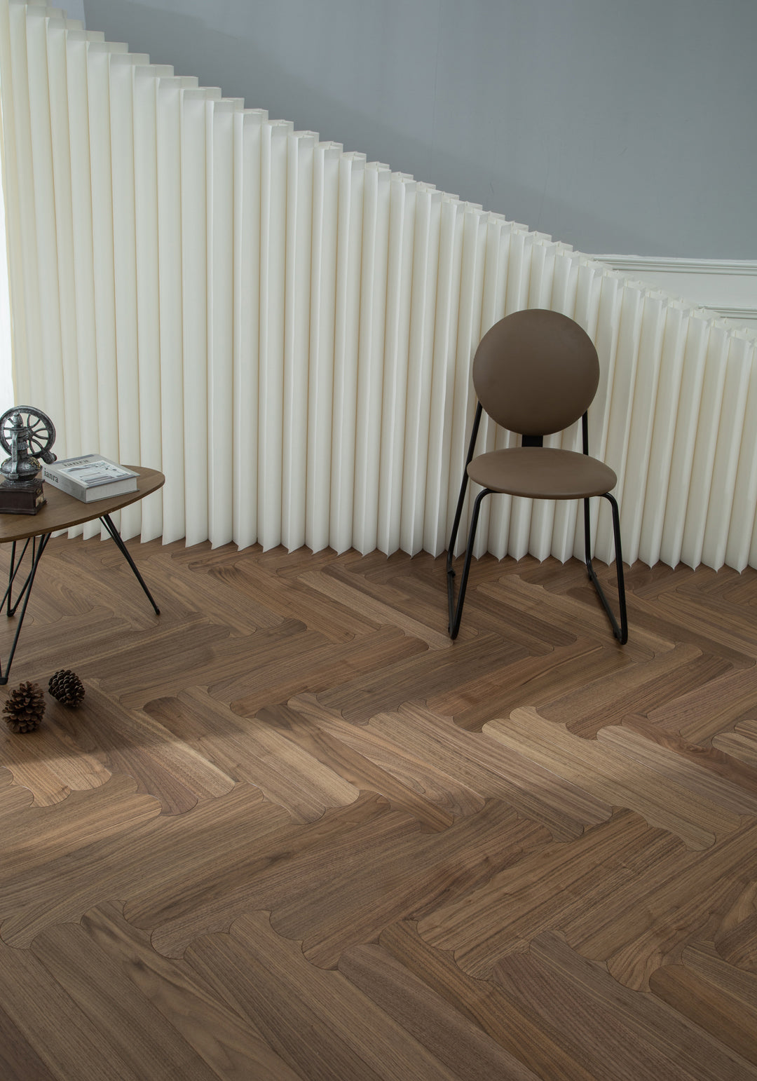 YXPH129 Black Walnut Curved Edge Herringbone Flooring | Scalloped Herringbone Series