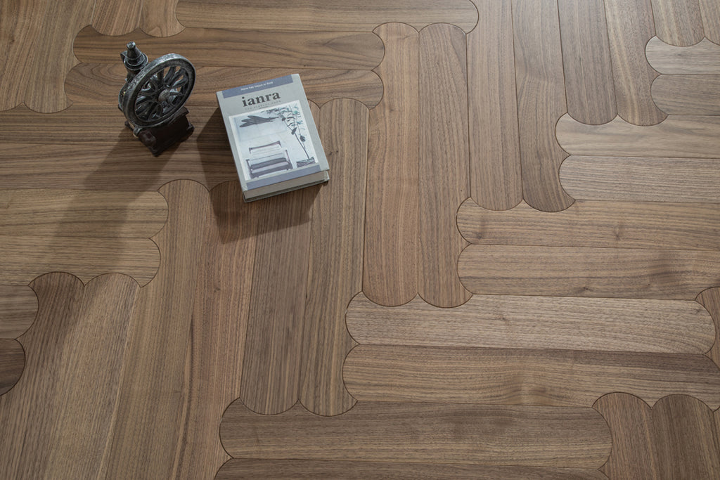 YXPH129 Black Walnut Curved Edge Herringbone Flooring | Scalloped Herringbone Series