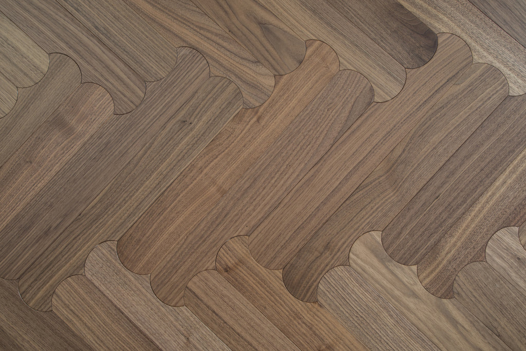 YXPH129 Black Walnut Curved Edge Herringbone Flooring | Scalloped Herringbone Series
