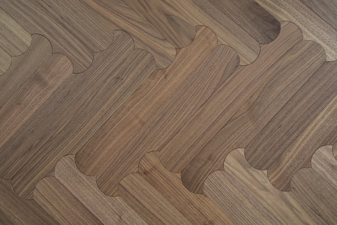 YXPH129 Black Walnut Curved Edge Herringbone Flooring | Scalloped Herringbone Series