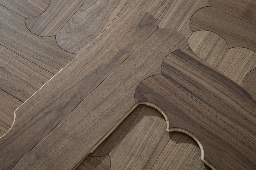 YXPH129 Black Walnut Curved Edge Herringbone Flooring | Scalloped Herringbone Series