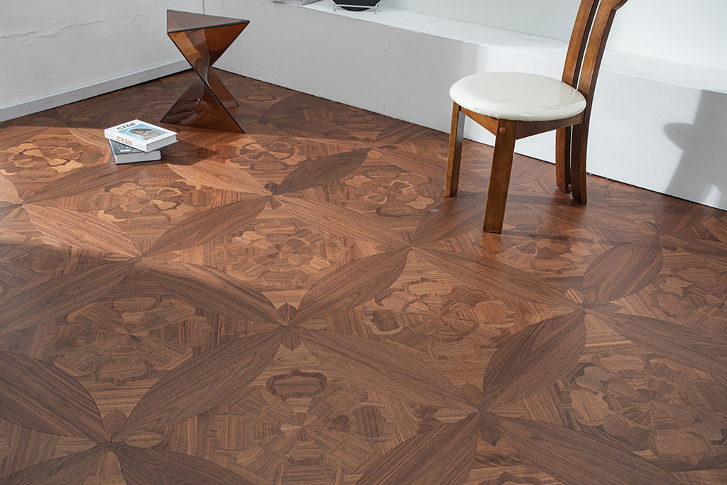 YXPH133 Black Walnut Floral Marquetry Parquet Flooring | Princess Anne Series