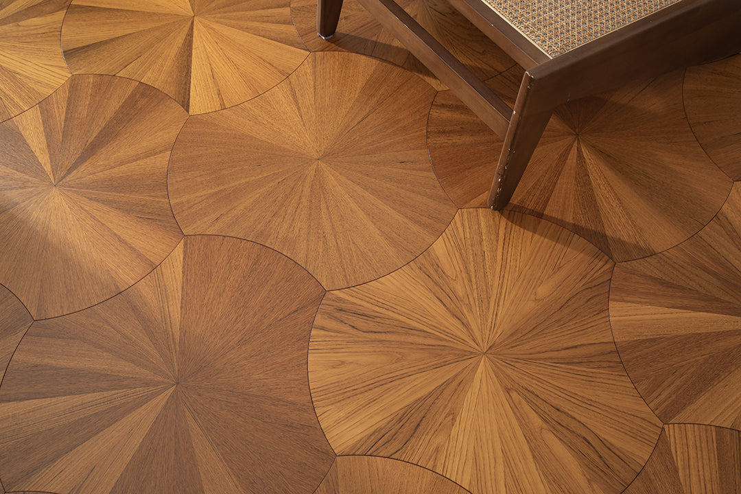 YXPY501 Teak Sunburst Radial Pattern Parquet Flooring | Lotus Leaf Series