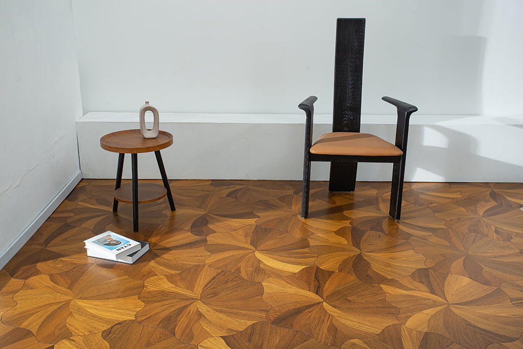YXP382 Teak Full-Bloom Floral Marquetry Parquet Flooring | Peony Series