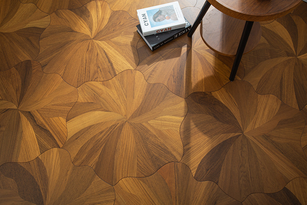 YXP382 Teak Full-Bloom Floral Marquetry Parquet Flooring | Peony Series