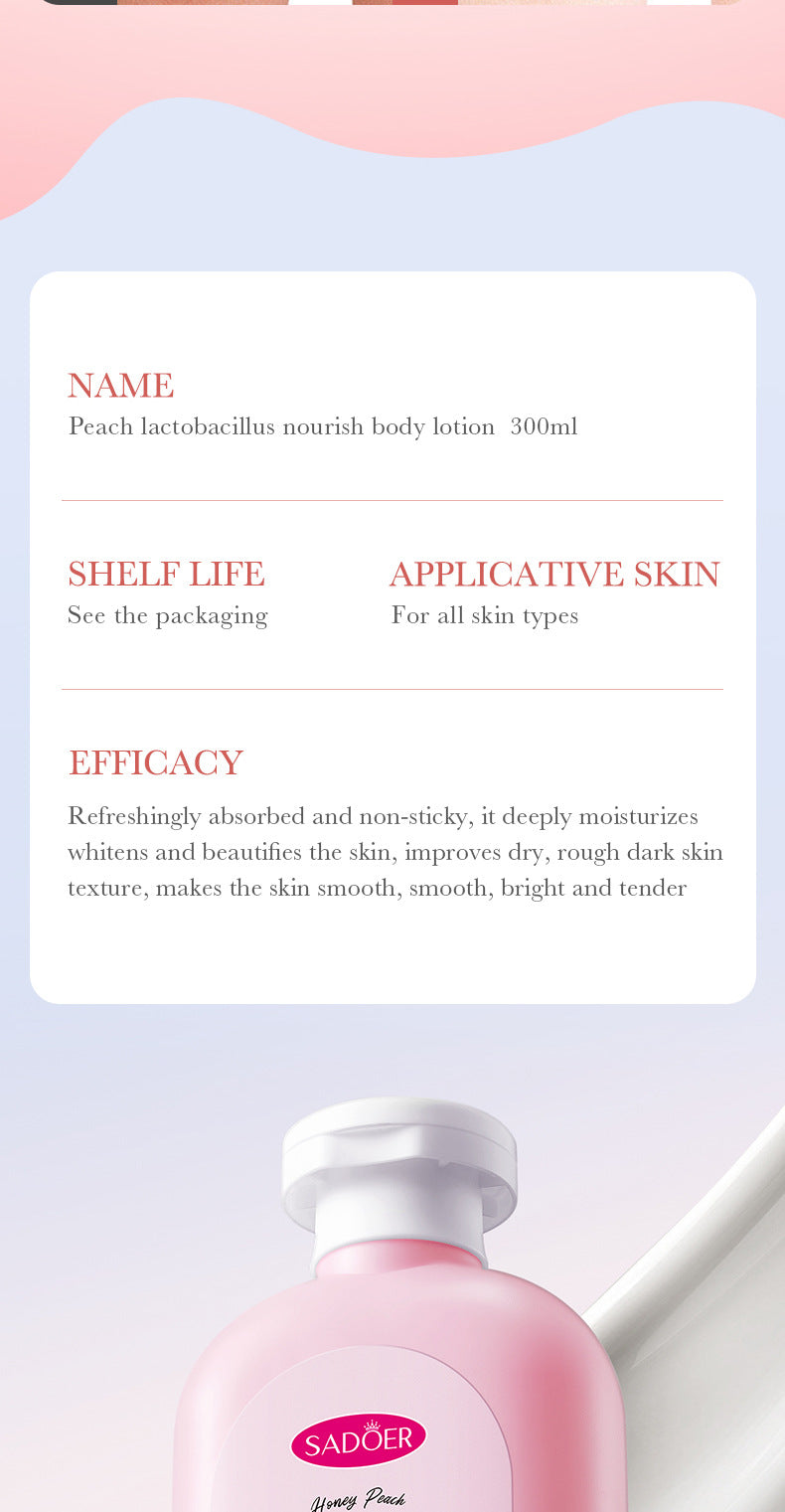 Peach Lactobacillus Body Lotion SADOER Autumn and winter moisturizing body cream cross-border foreign trade wholesale