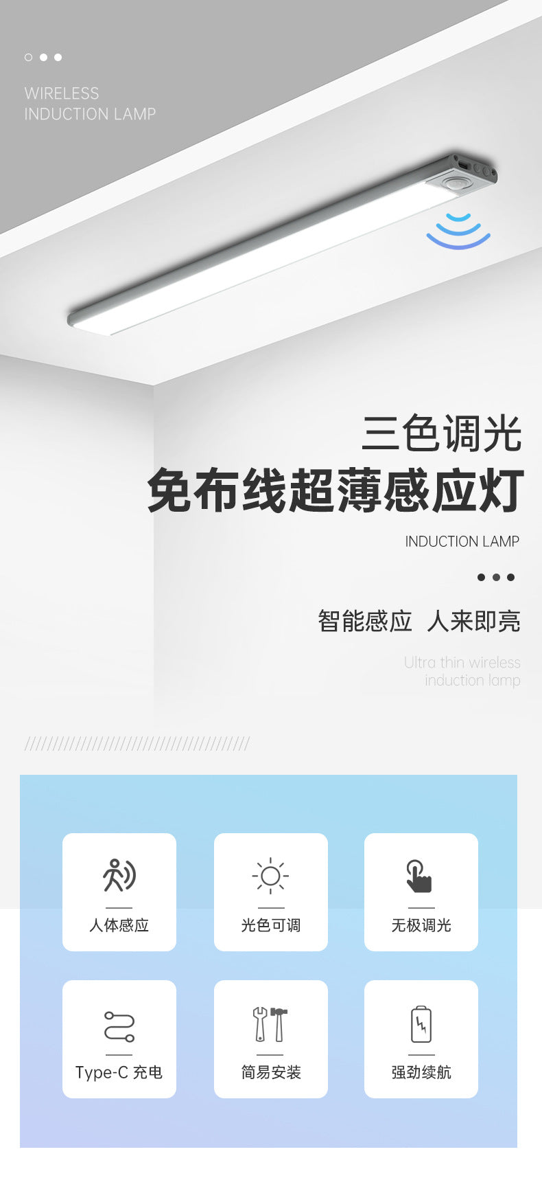 Ultra-thin Smart Human Body Sensor led Lamp Long Strip Magnetic Self-Adhesive Rechargeable Cabinet Wardrobe Wine Cabinet Light Strip Light Tape