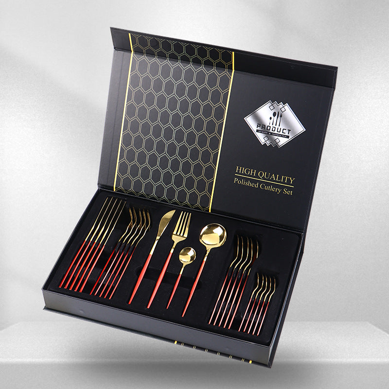Hot-selling Portuguese Stainless Steel Tableware24Set of Western Dining gold Steak Knife Fork Spoon Gift Box Set