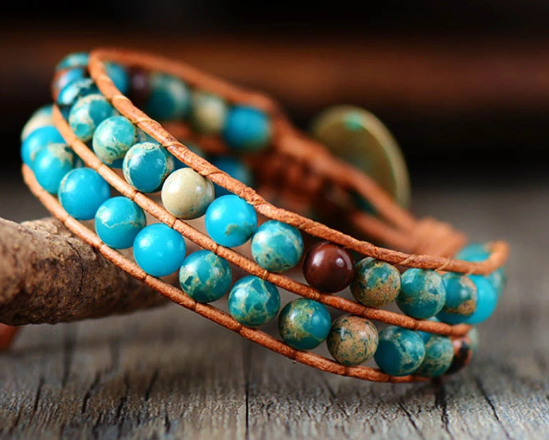 Tiger Eye Elastic Bracelet Adjustable Colorful Beaded Handmade Wrapped Bracelet Volcanic Double Row Woven Bracelet