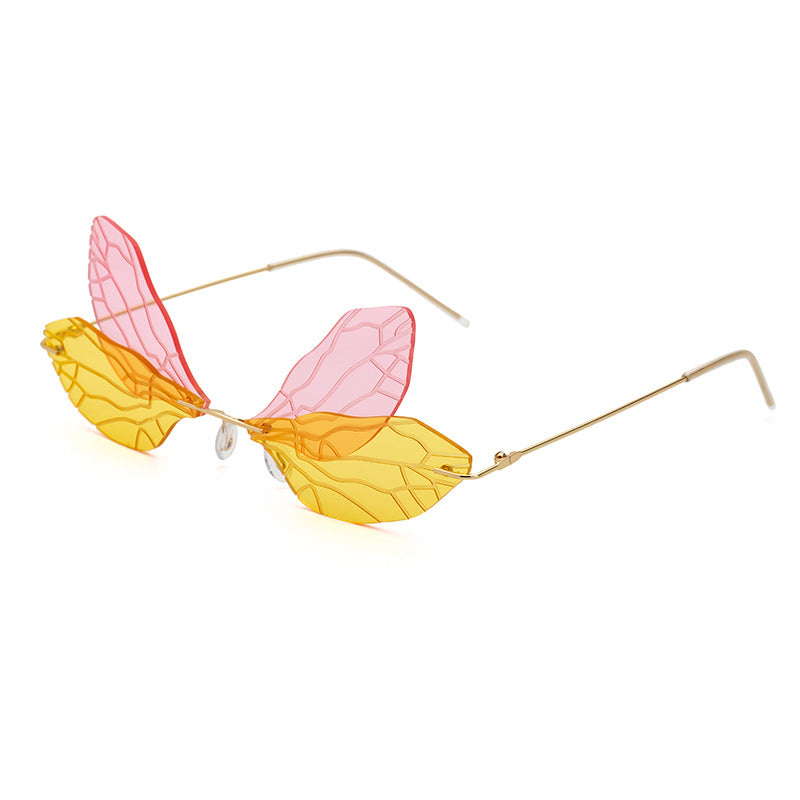 Dragonfly Sunglasses for Women, Stylish Wing Design, Fashionable Double Lens Party Dance Frameless Sunglasses