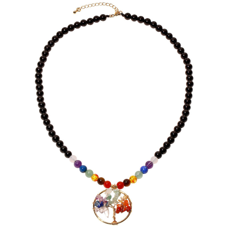Tree of Life Pendant Necklace Colorful6mm Beaded Natural Crystal Crushed Stone Necklace gold Crushed Stone Fortune Tree Necklace