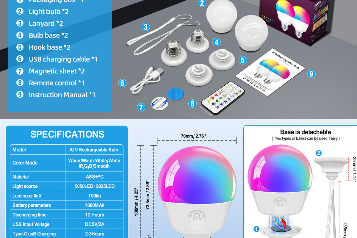 Rechargeable Light Bulb LED Bulb E26Screw Thread Household Lighting Electric Light Incandescent Chandelier Magic Color Bulb