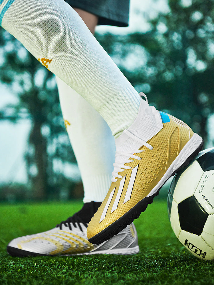 High-top Unisex Youth Soccer Shoes with Broken and Long Spikes for Grass Field Competition Training Student Sports Shoes