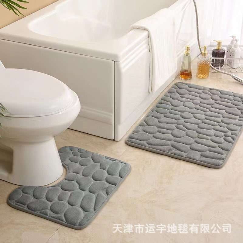 Embossed Pebble Coral Fleece Mat for Bathroom Toilet U Type bathroom absorbent foot mat small stones2Set