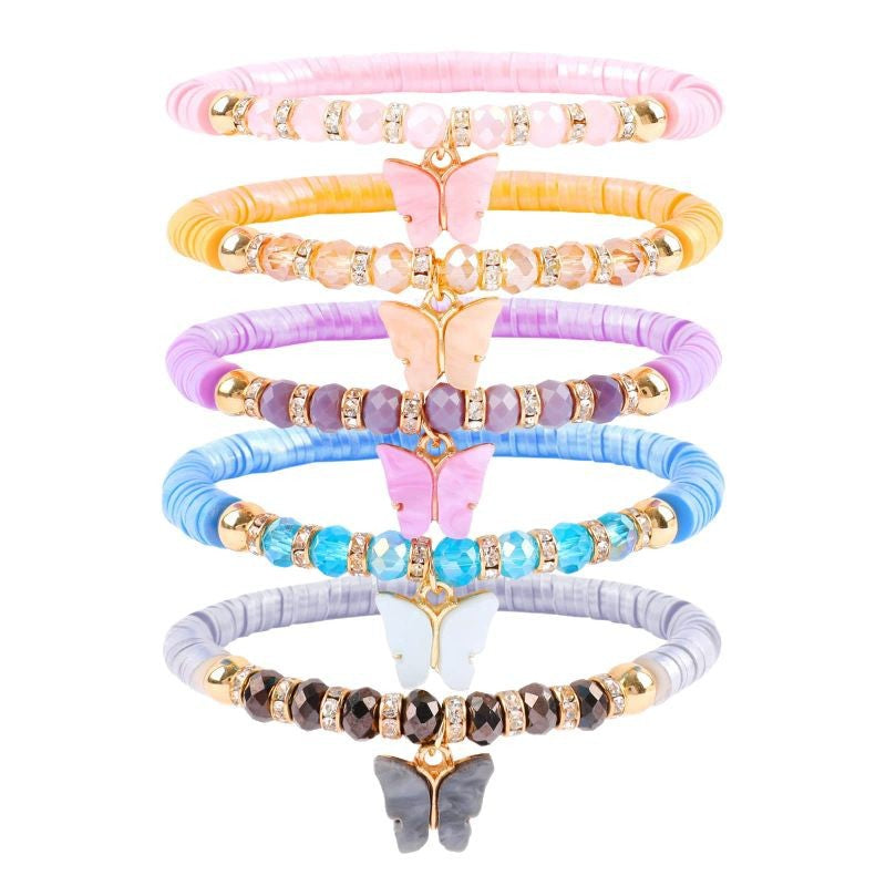 Butterfly Pendant Soft Clay Bracelet Set for Women Bohemian Spacer Flower Macaron Color Soft Clay Bracelet