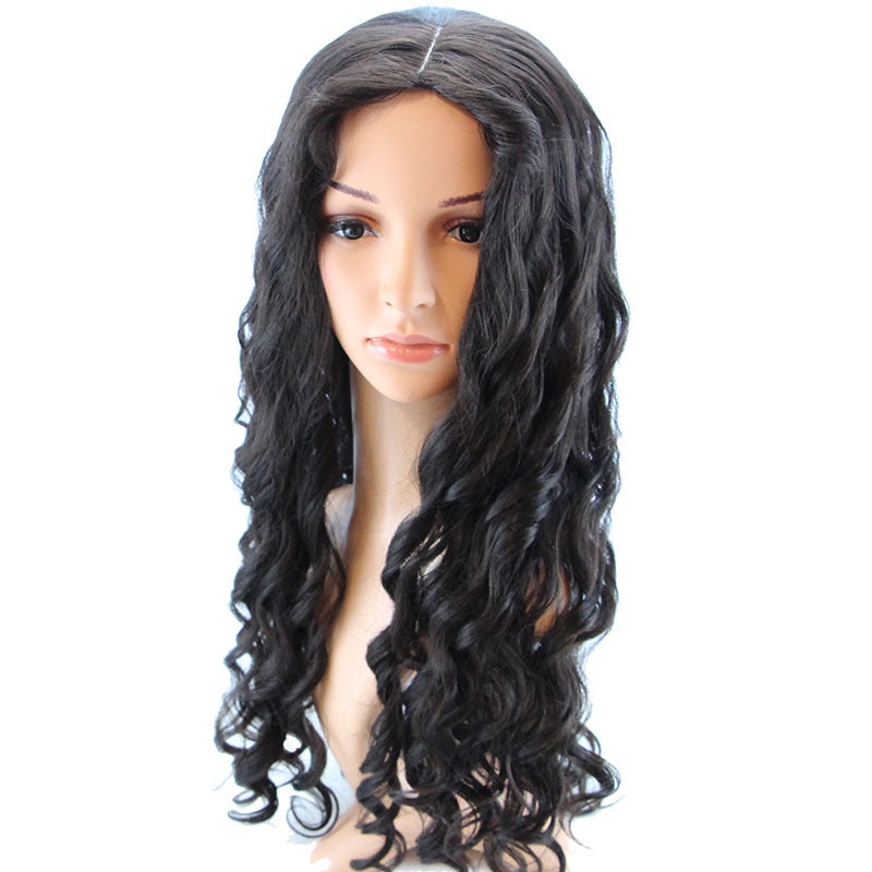 wig Hairband Head Cover Wig Natural Black Synthetic Fiber Forehead Hand Hook Export Long Curly Hair Middle Part Middle Part Long Curly