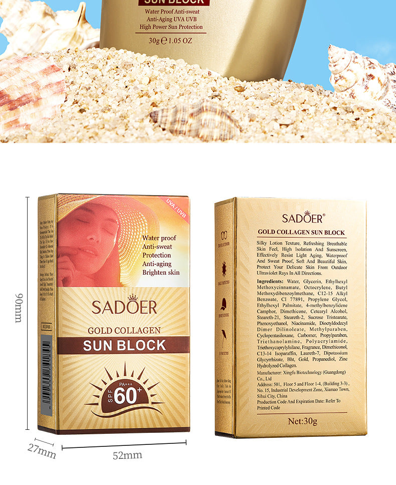 SPF60+Sunscreen30g SADOER Gold Collagen Protective Isolation Cross-Border Wholesale