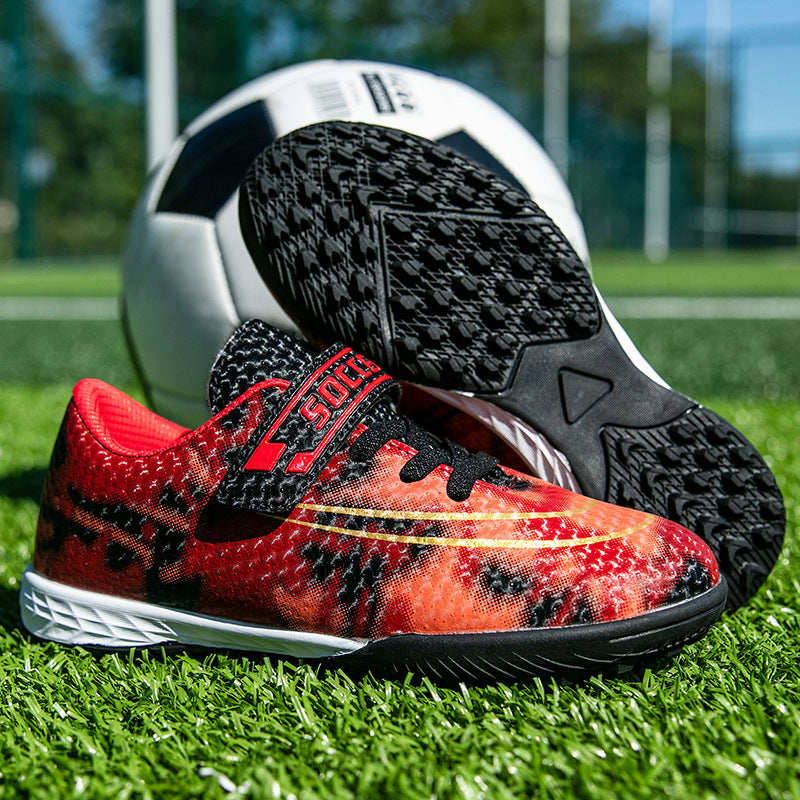 New Football Shoes for Men and Women, Children's Low-top Anti-collision Spike Magic Tape No-tie Grass Training Sports Shoes